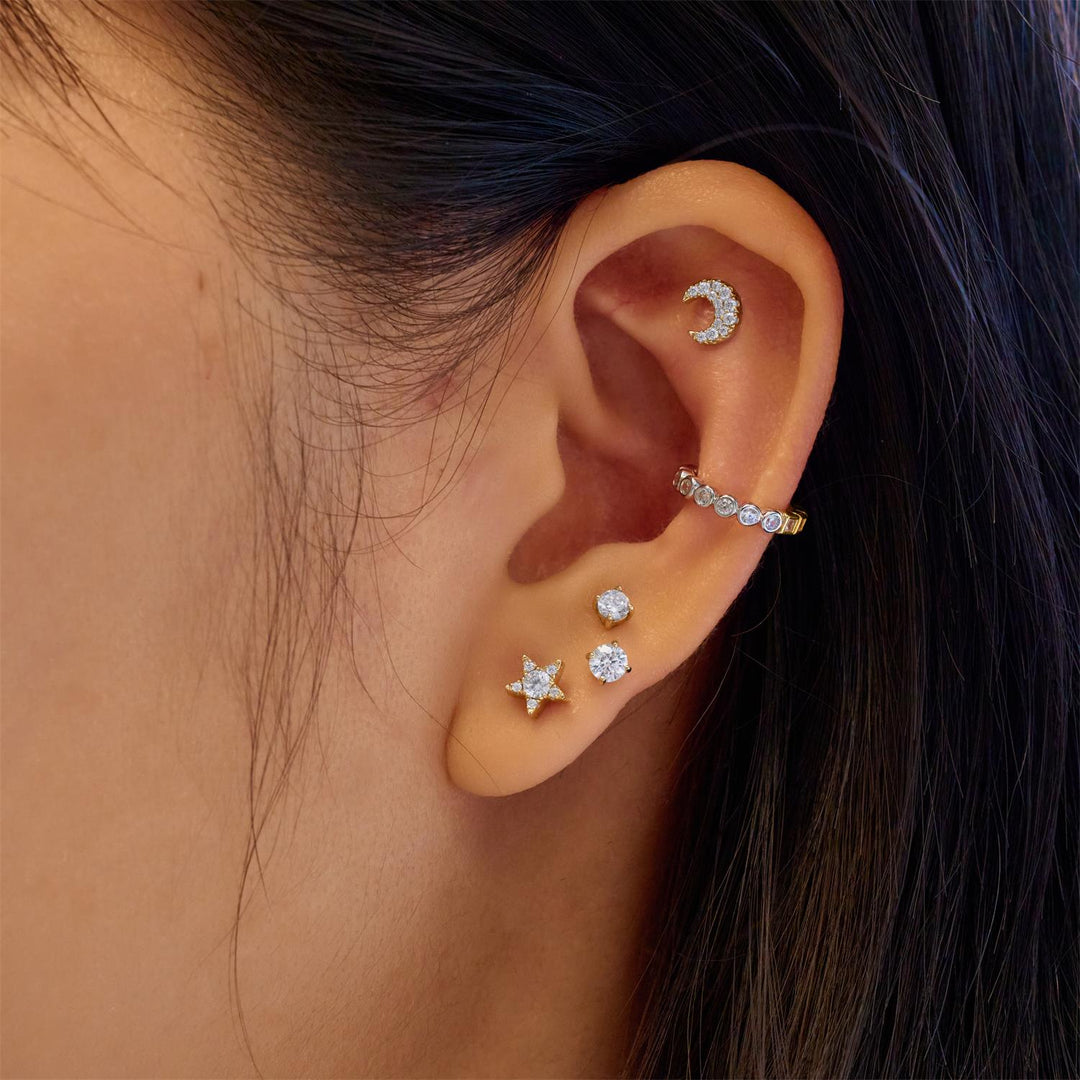Niche Jewellery Ania Haie Pavé Crescent Moon Barbell Single Gold Earring worn on model