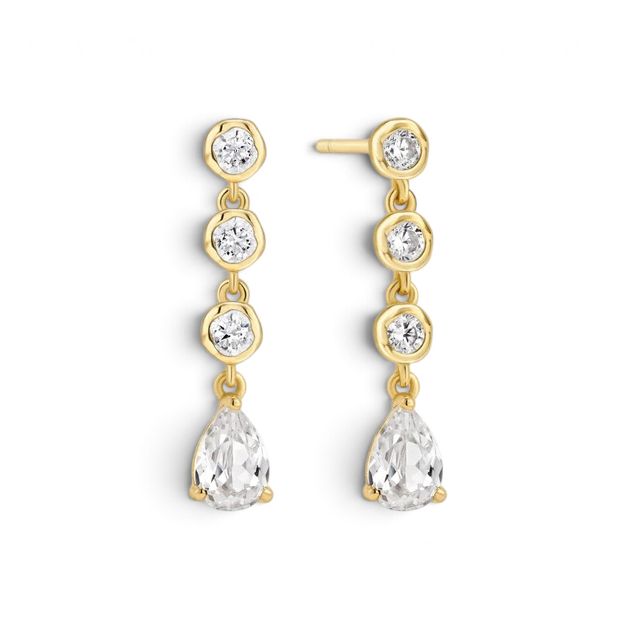 Niche Jewellery Ania Haie gold stud earrings featuring bezel-set round and teardrop crystals in a molten design.