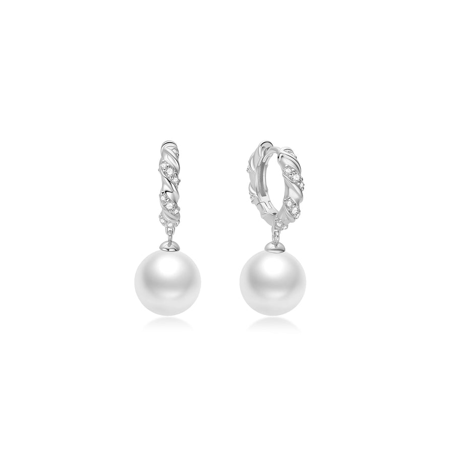 Niche Jewellery Ania Haie Shell Pearl Dangling Twisted Huggie Hoop Silver Earrings