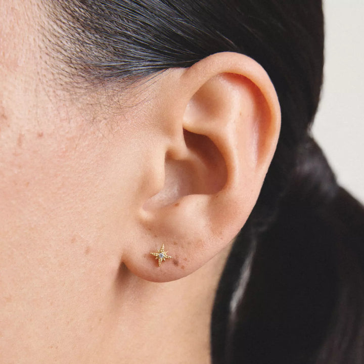 Niche Jewellery Thomas Sabo Mini Star Stud Earrings Gold with White Zirconia worn on model