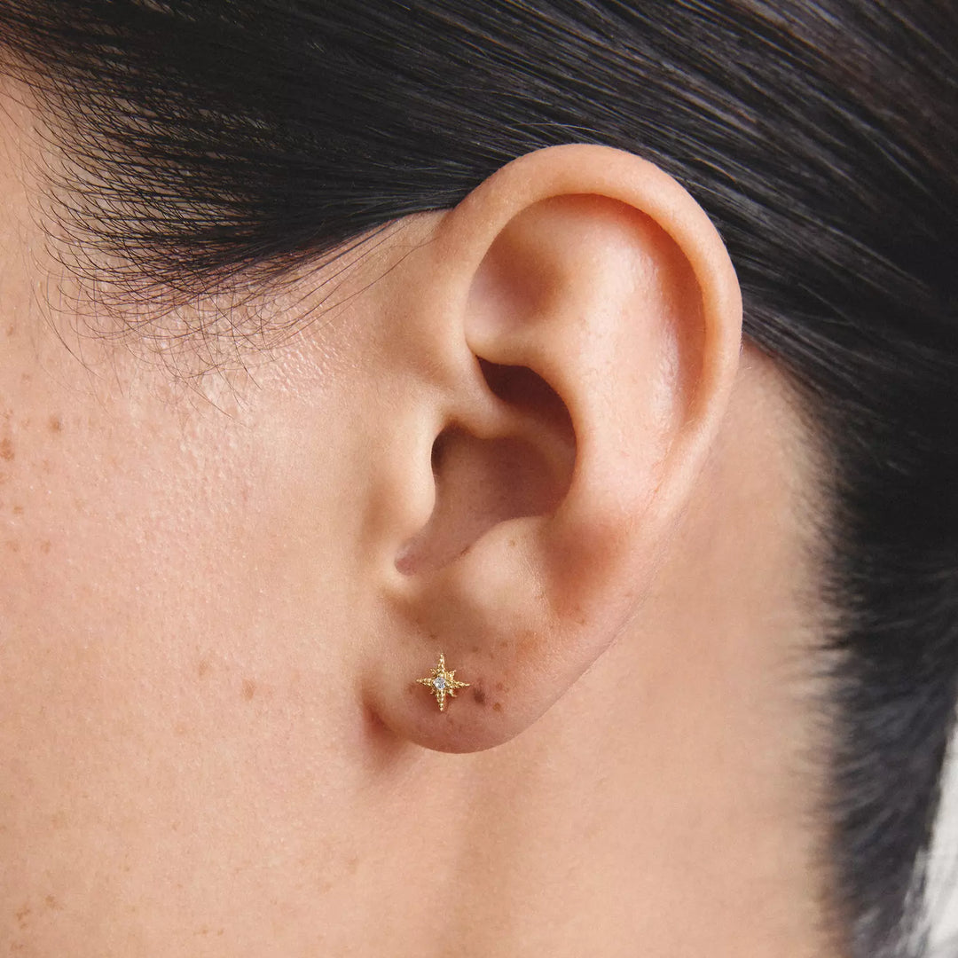 Niche Jewellery Thomas Sabo Mini Star Stud Earrings Gold with White Zirconia worn on model