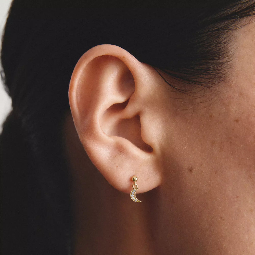 Niche Jewellery Thomas Sabo Moon and Star Stud Earrings Gold with White Zirconia worn on model