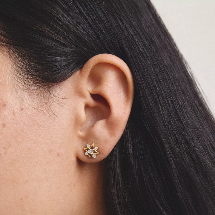 Niche Jewellery Thomas Sabo Star Stud Earrings Gold with White Zirconia worn on model