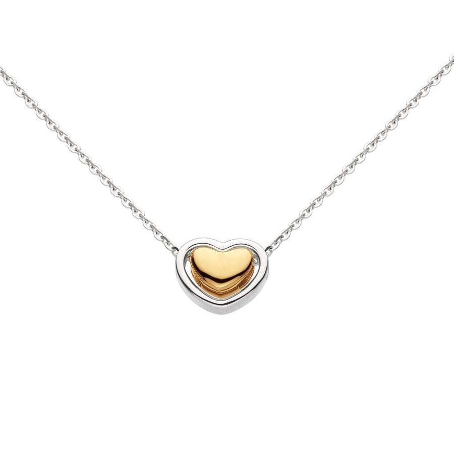 Kit Heath Heart of Gold necklace with a gold plated heart within a sterling silver outline on a silver chain.
