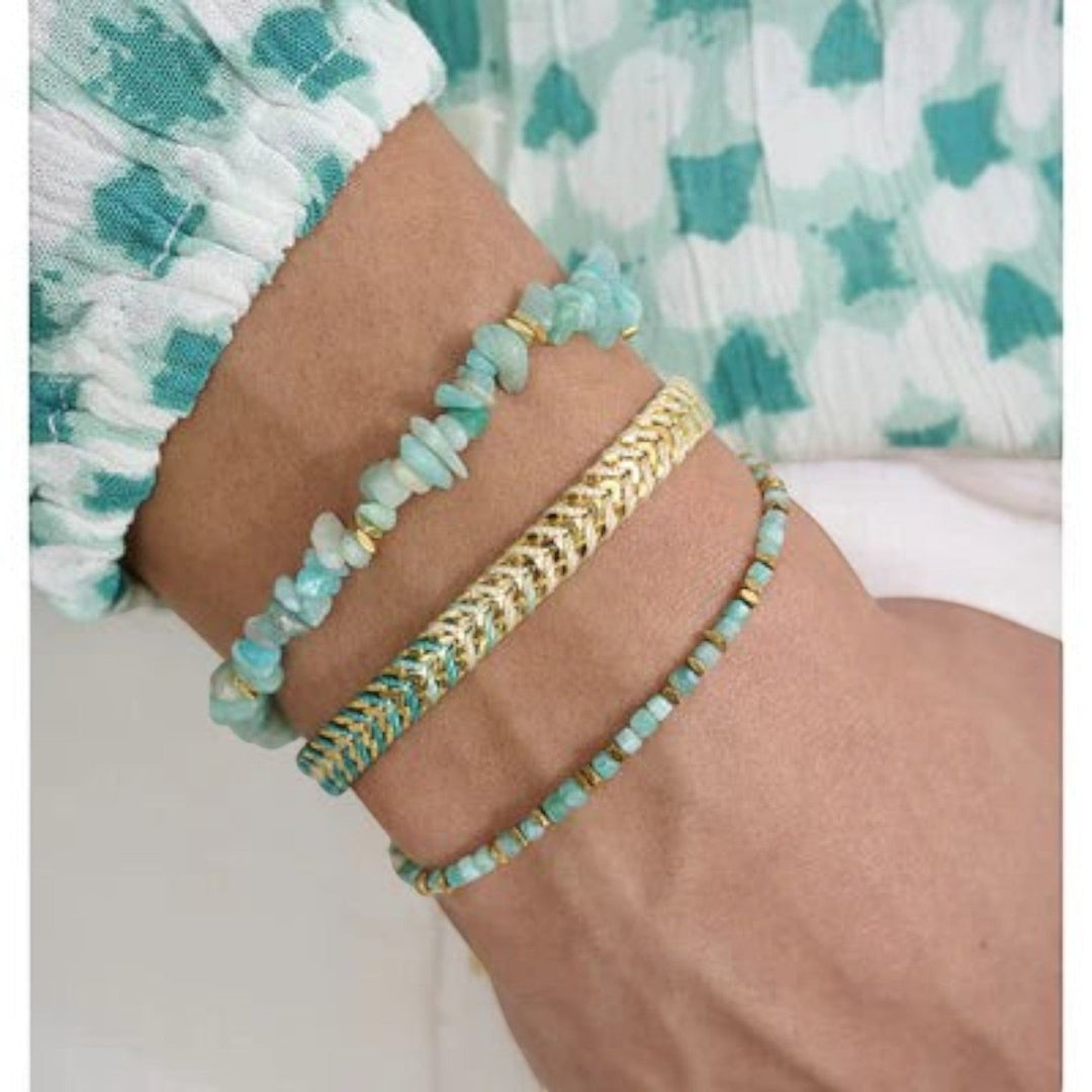 Niche Jewellery Boho Betty Iztac turquoise ombré gold woven bracelet with chevron beads and turquoise chip beads.