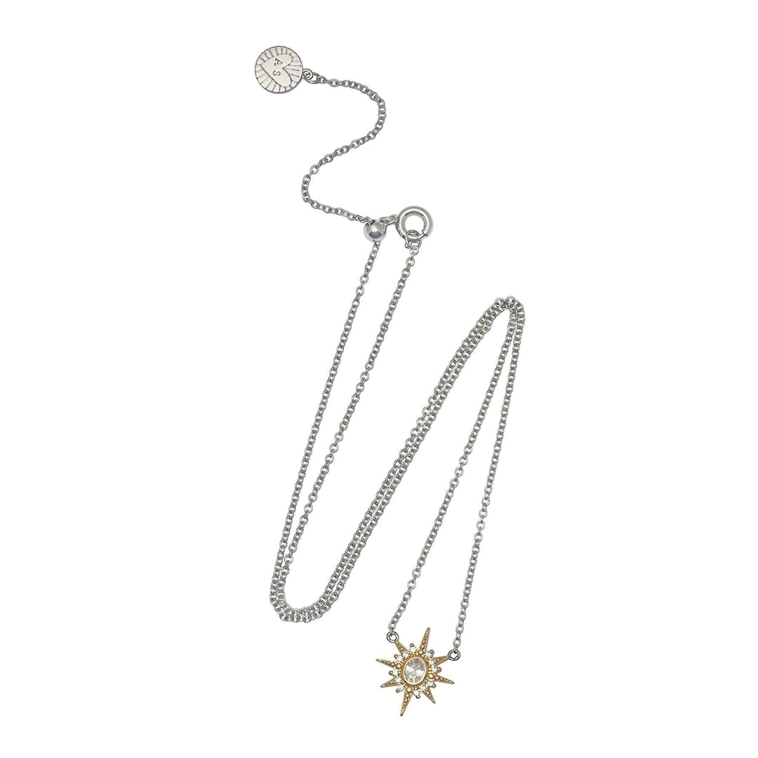Niche Jewellery Amelia Scott silver and gold north star pendant necklace with clear crystal detail. Delicate chain with adjustable clasp