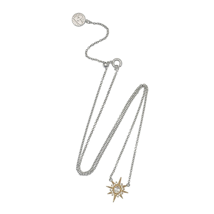 Niche Jewellery Amelia Scott silver and gold north star pendant necklace with clear crystal detail. Delicate chain with adjustable clasp