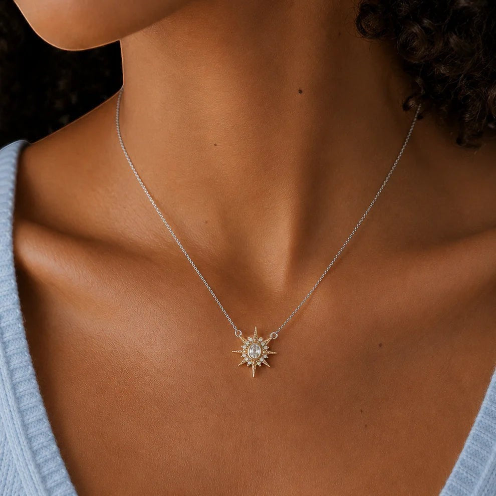 Niche Jewellery Amelia Scott Luna North Star Pendant Necklace in silver and gold with clear stones.