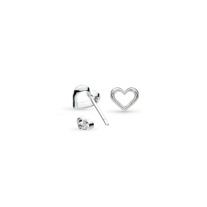 Niche Jewellery: Kit Heath sterling silver heart outline stud earrings. Delicate and refined, perfect for everyday wear.