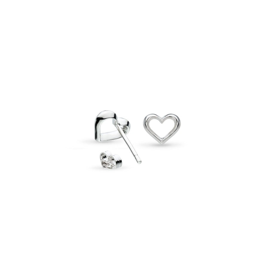 Niche Jewellery: Kit Heath sterling silver heart outline stud earrings. Delicate and refined, perfect for everyday wear.