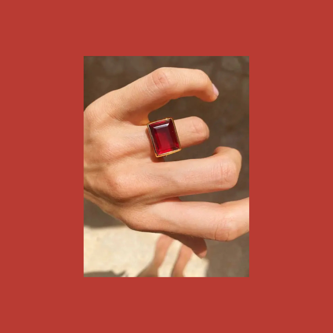 Shyla Lenny Square Gold Cocktail Ring - Ruby