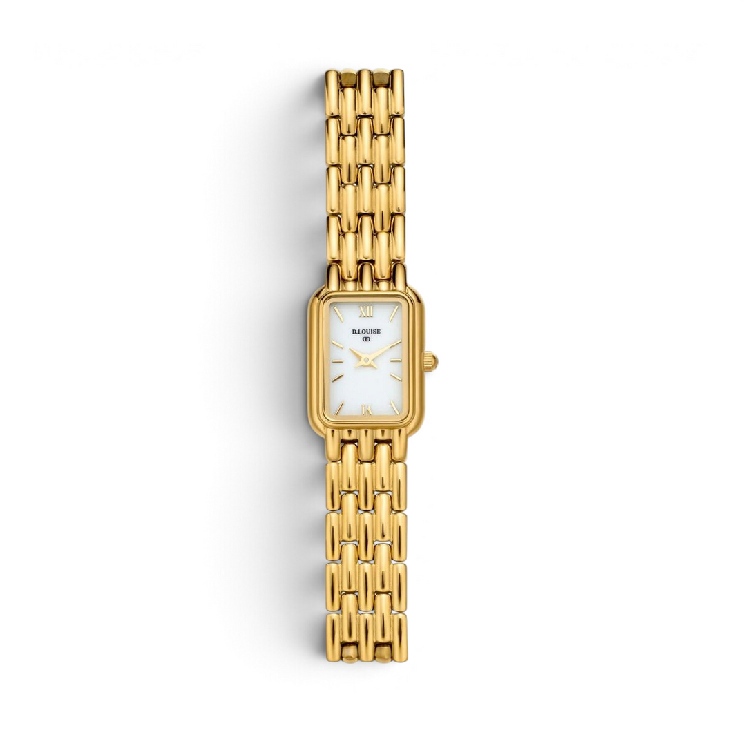 Niche Jewellery D.Louise gold watch with a rectangular white face and polished link bracelet strap.