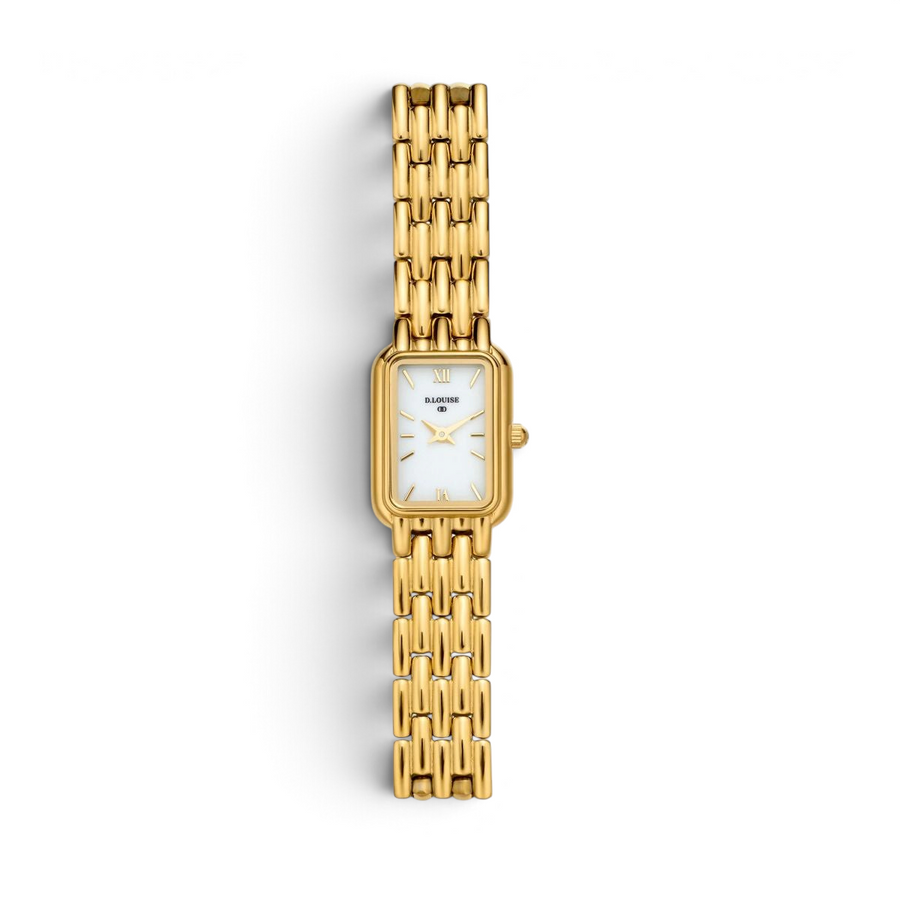 Niche Jewellery D.Louise gold watch with a rectangular white face and polished link bracelet strap.