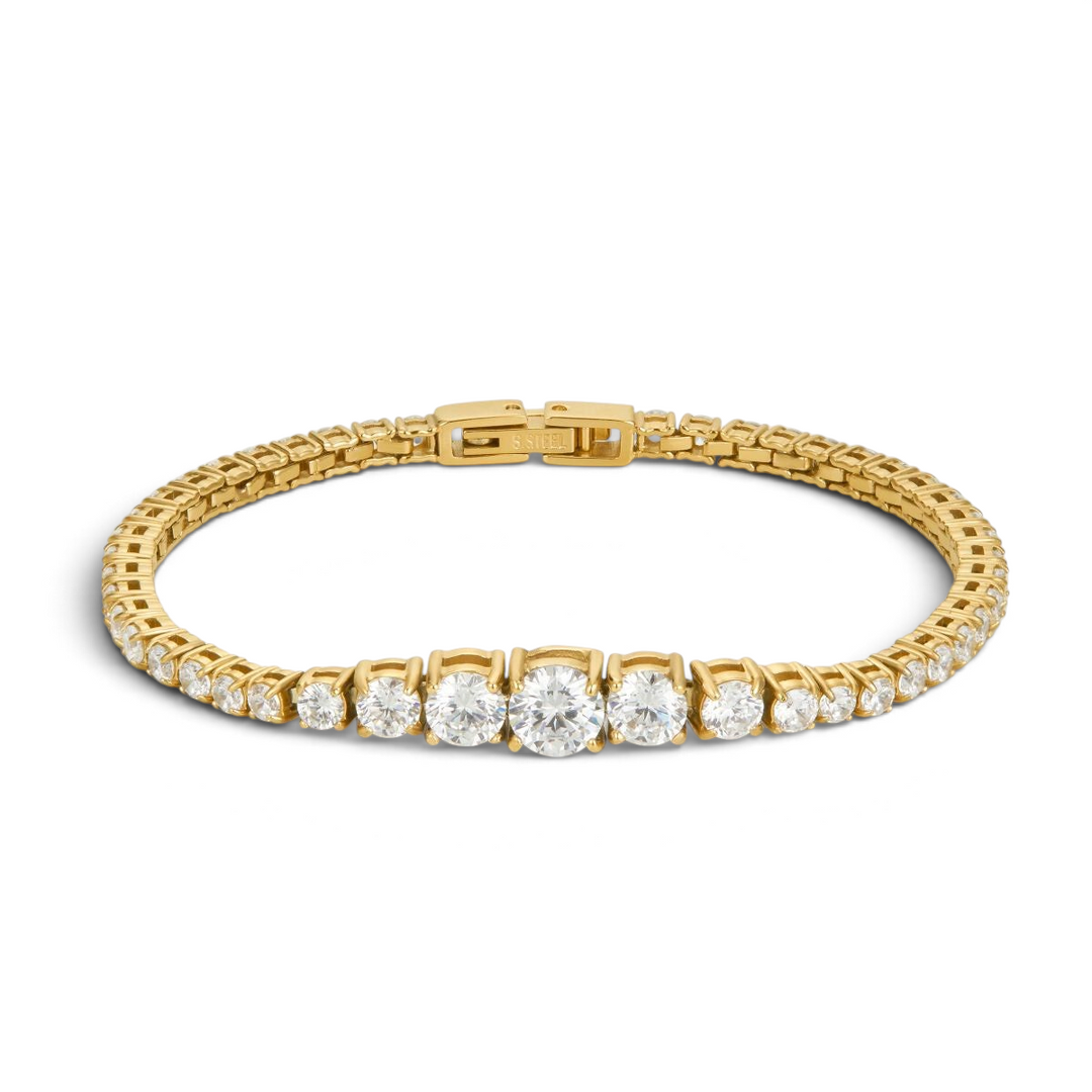 Niche Jewellery D.Louise gold tennis bracelet with graduated clear stones increasing in size towards the centre