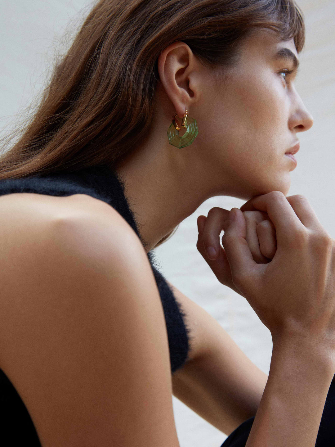Niche Jewellery Shyla Sphinx Gold Hoop Earrings - Emerald Green detail