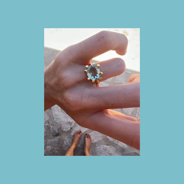 Shyla Oval Claw Gold Cocktail Ring - Light Blue
