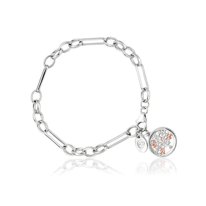 Niche Jewellery: Clogau sterling silver Figaro bracelet with rose gold Tree of Life charm, symbolising strength and renewal.
