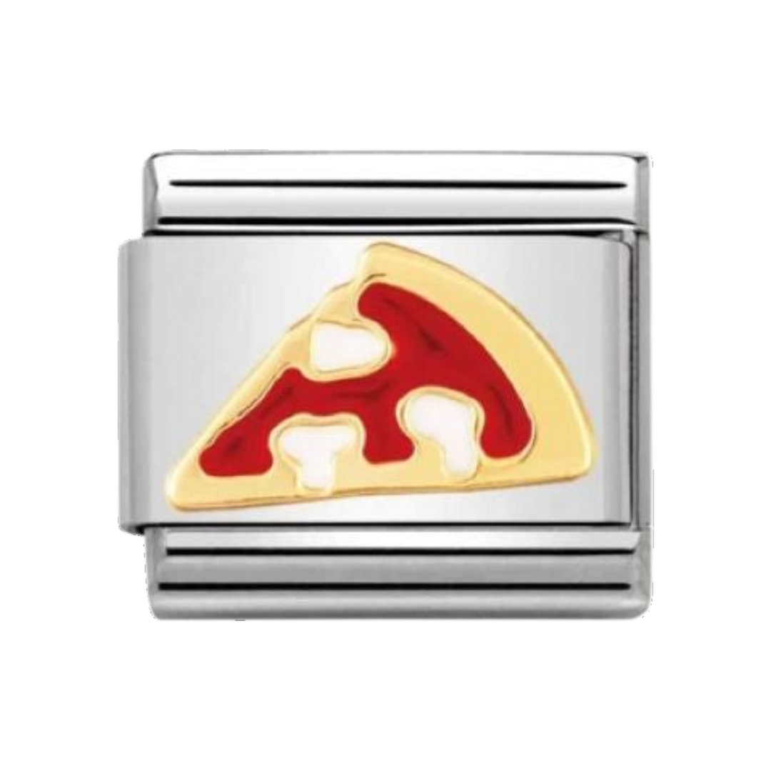 Niche Jewellery Nomination charm featuring a colourful enamel pizza slice on a stainless steel and 18k gold link.