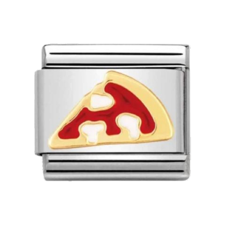 Niche Jewellery Nomination charm featuring a colourful enamel pizza slice on a stainless steel and 18k gold link.