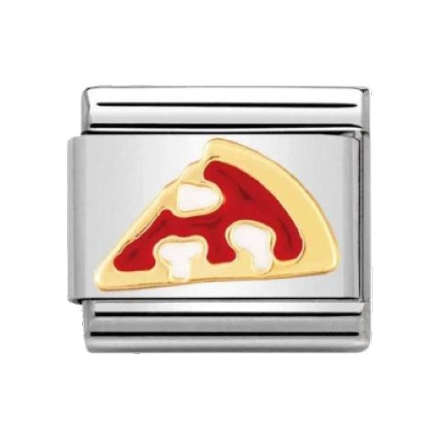Niche Jewellery Nomination charm featuring a colourful enamel pizza slice on a stainless steel and 18k gold link.