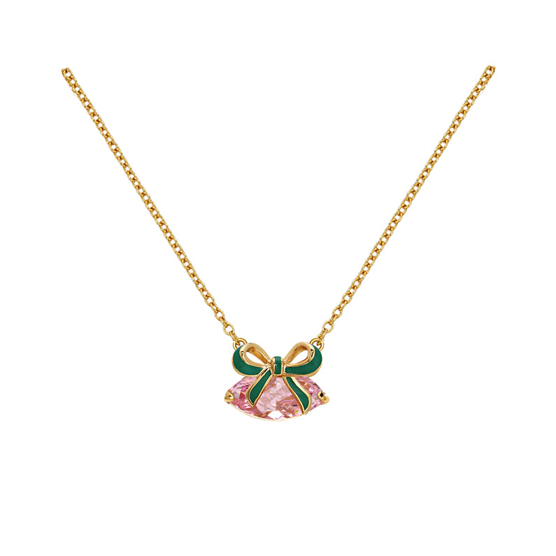 Gold Bow Necklace Emerald Green Enamel Blush Pink Zirconia Pendant