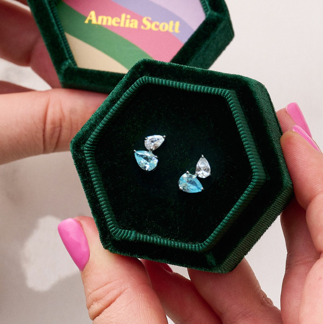 Amelia Scott Sofia Teardrop Silver Stud Earrings with Aquamarine and Clear Zirconia AS22TRE42