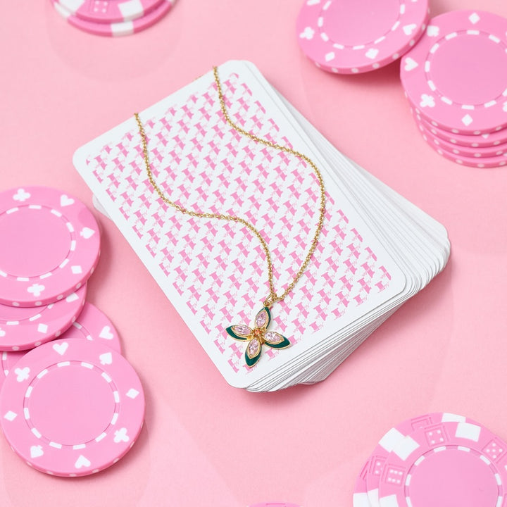 Amelia Scott Lucky Clover Gold Necklace with Green Enamel and Blush Pink AS22TRN12