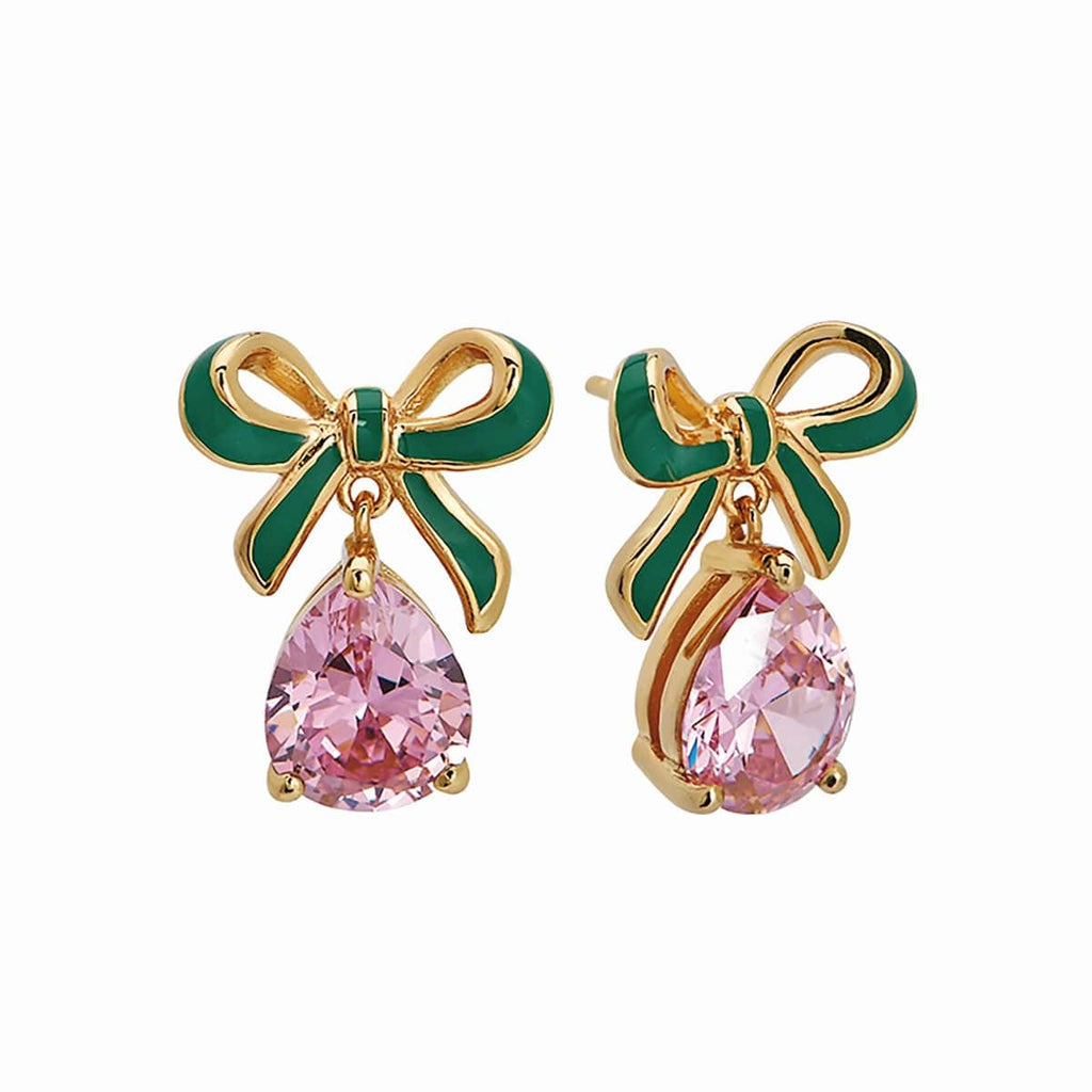 Bow Gold Stud Earrings Enamel Pink Teardrop