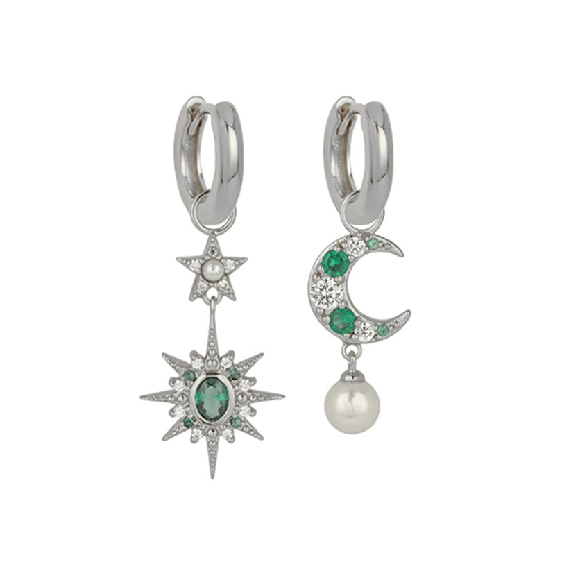 Luna Moon Star Huggie Earrings Silver