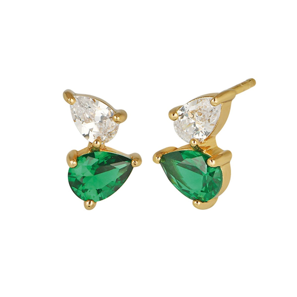 Sofia Teardrop Gold Stud Earrings Emerald Green Clear Zirconia