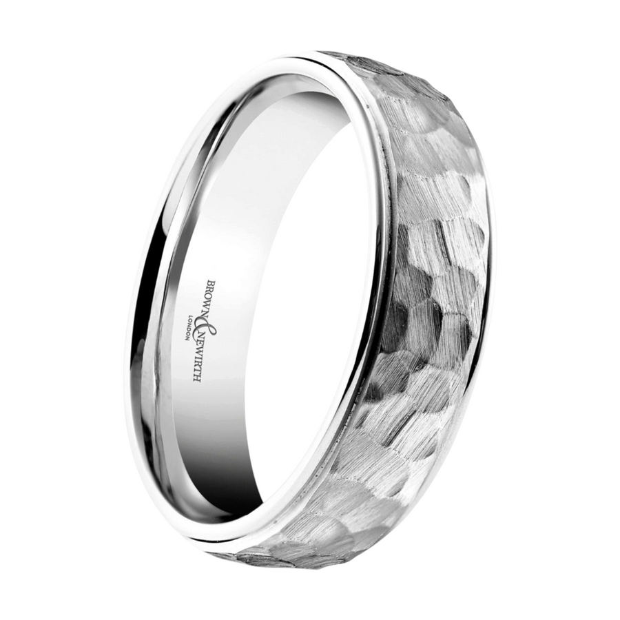 Niche Jewellery Brown & Newirth Volans men's wedding ring with a hammered texture and polished chamfered edges.