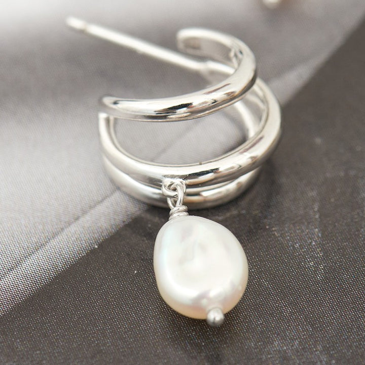 Ania Haie Silver Triple Mini Hoop Pearl Earrings E019-04H