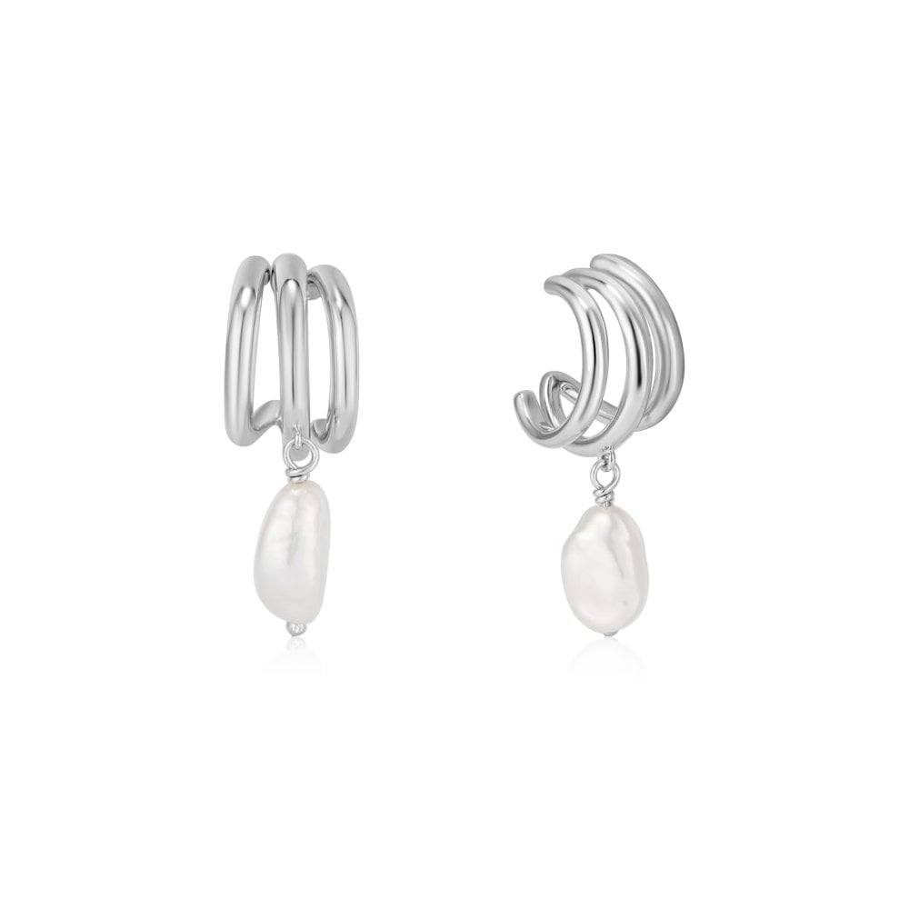 Triple Mini Hoop Pearl Earrings