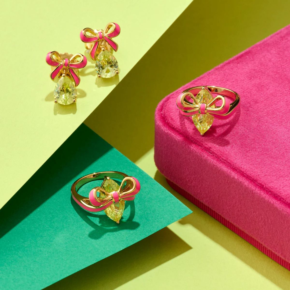 Amelia Scott Bow Gold Stud Earrings with Bright Pink Enamel and Lime Green Teardrop - AS22TRE31