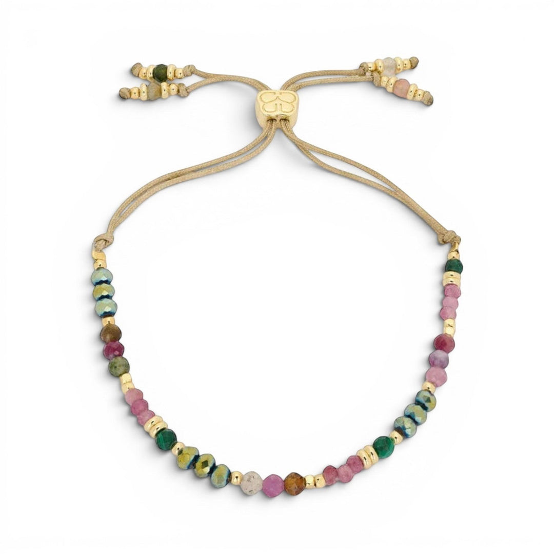 Niche Jewellery Boho Betty Ardisia bracelet with faceted tourmaline, malachite beads and gold accents on an adjustable cord.