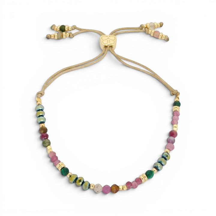 Niche Jewellery Boho Betty Ardisia bracelet with faceted tourmaline, malachite beads and gold accents on an adjustable cord.