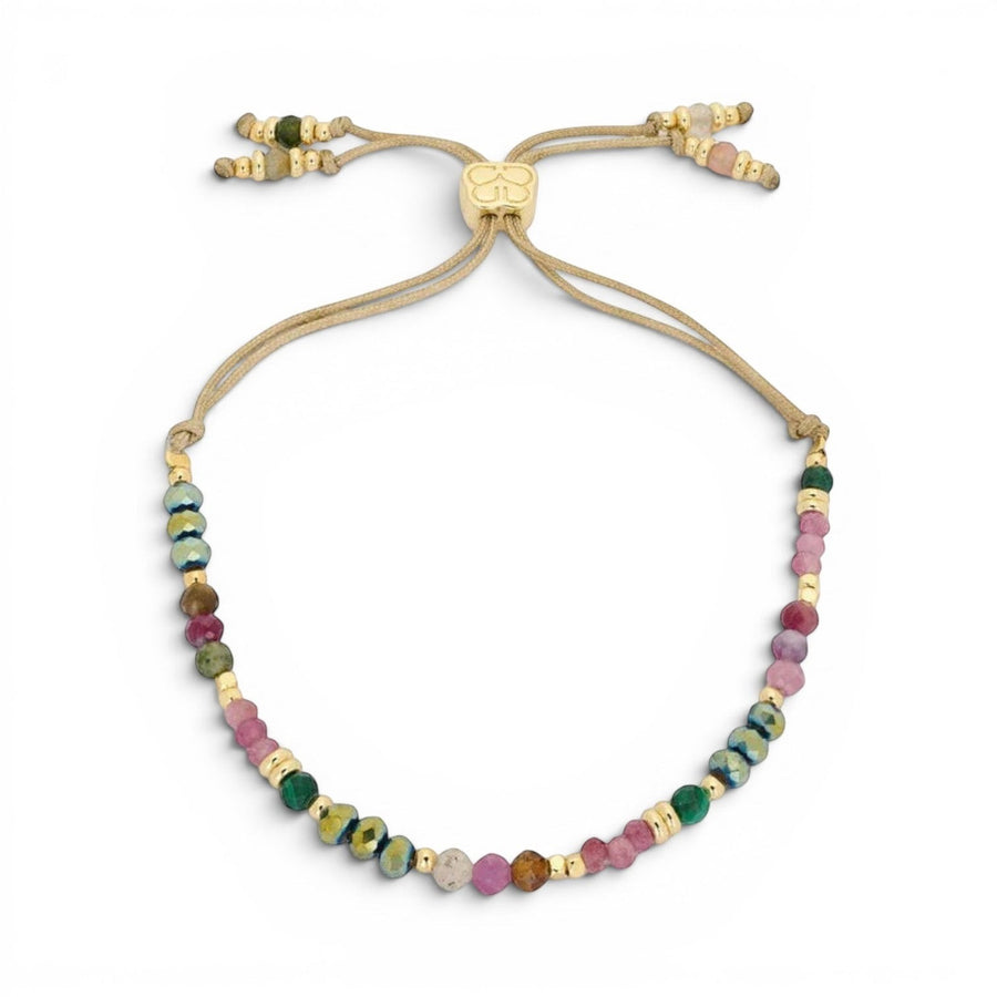 Niche Jewellery Boho Betty Ardisia bracelet with faceted tourmaline, malachite beads and gold accents on an adjustable cord.