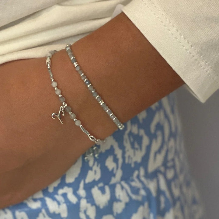 Boho Betty Mystical Aquamarine Silver Slider Bracelet. Item code BWMAQSLVB.