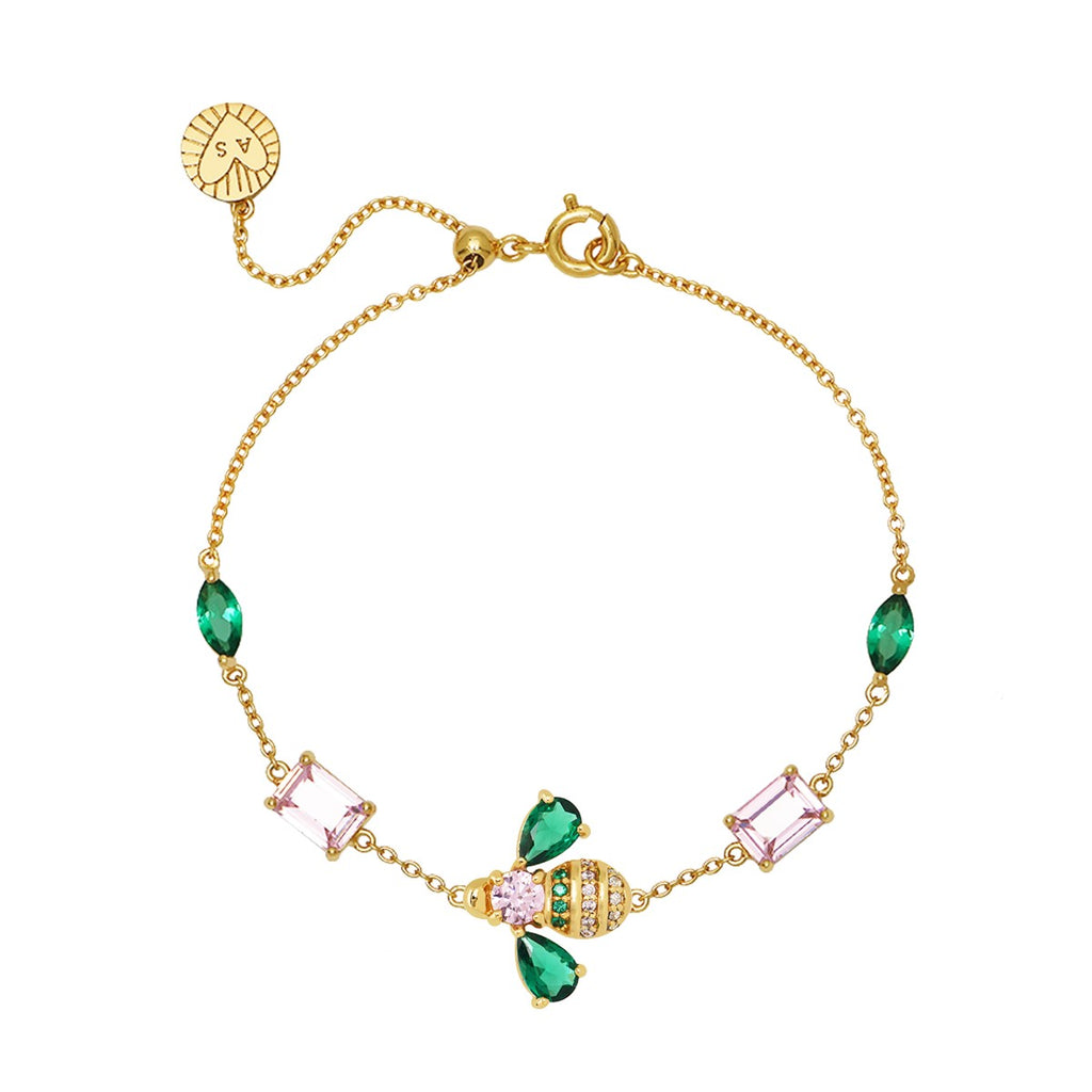 Beatrice Jewelled Bee Gold Bracelet Emerald Blush Pink