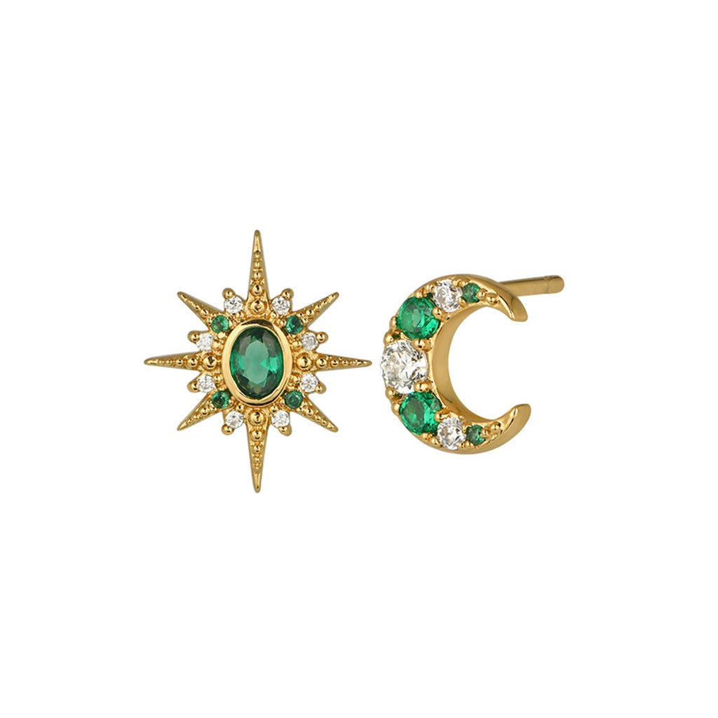 Luna Moon Star Stud Earrings Emerald Zirconia