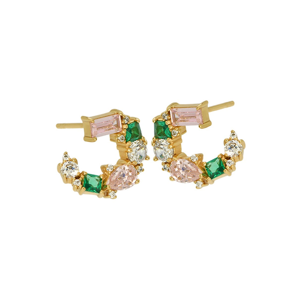 Lottie Cluster Sideways Hoop Earrings Flamingo Zirconia