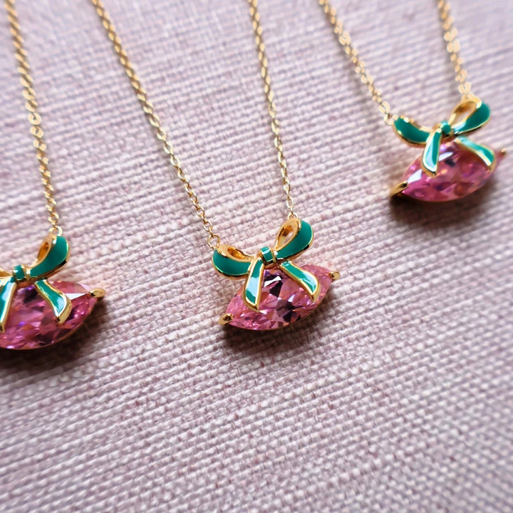 Amelia Scott Gold Bow Necklace with Emerald Green Enamel and Blush Pink Zirconia AS22TRN89
