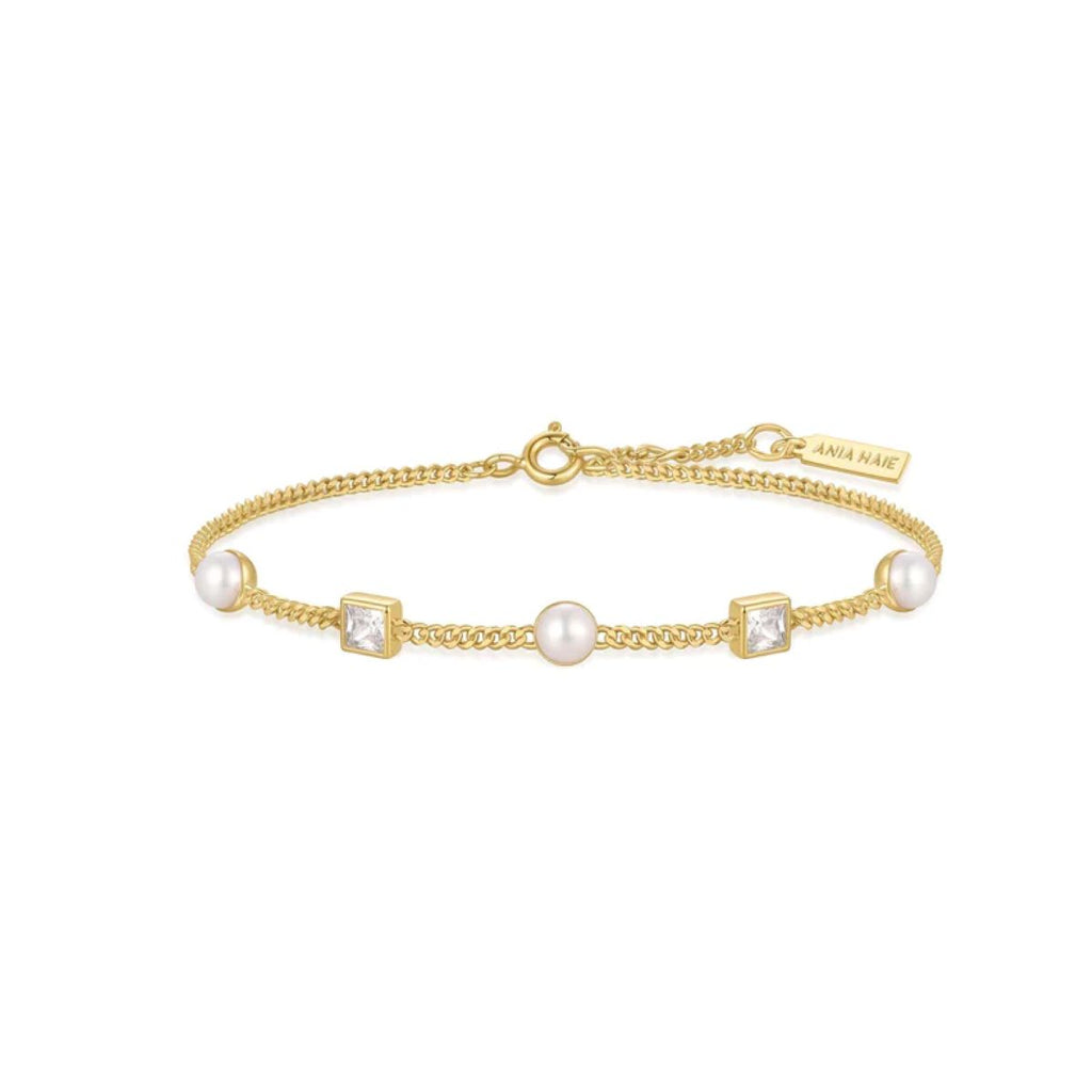 Bezel Set Cube Pearl Station Bracelet