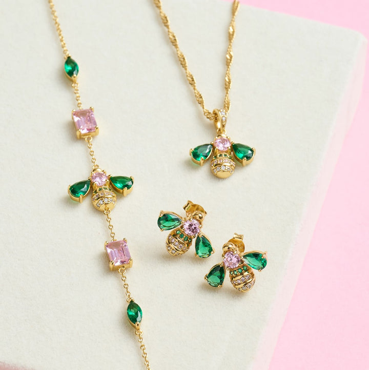 Amelia Scott Beatrice Jewelled Bee Necklace Emerald Blush Pink & Gold