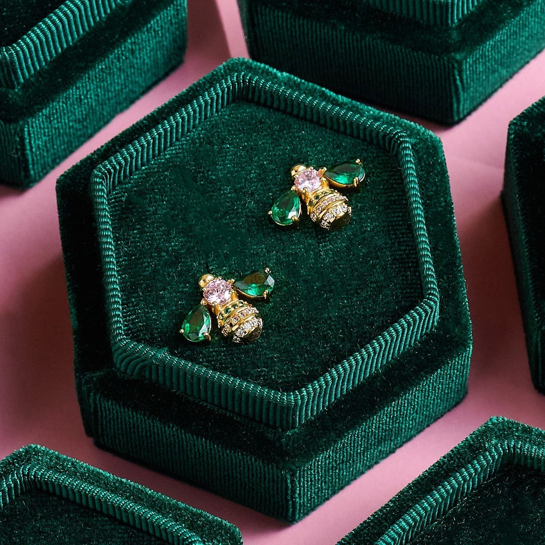 Amelia Scott Beatrice Jewelled Bee Gold Stud Earrings in Emerald and Blush Pink