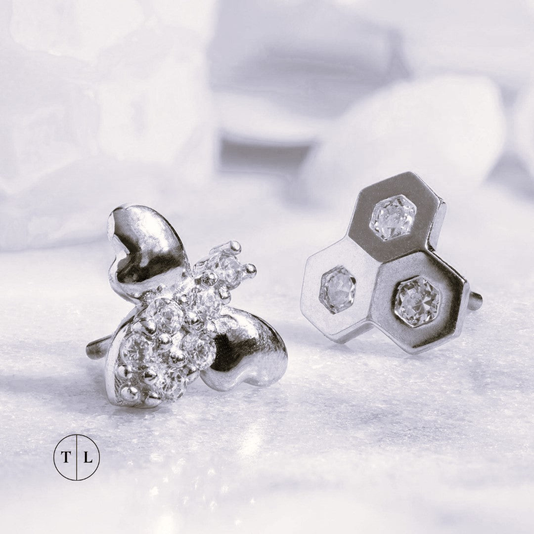 Tish Lyon 14ct White Gold Bee with Gem Body Threadless Labret Single Earring