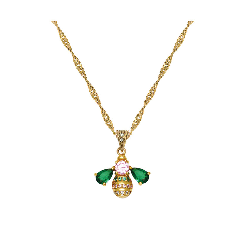 Beatrice Jewelled Bee Pendant Necklace Emerald Blush Pink Gold