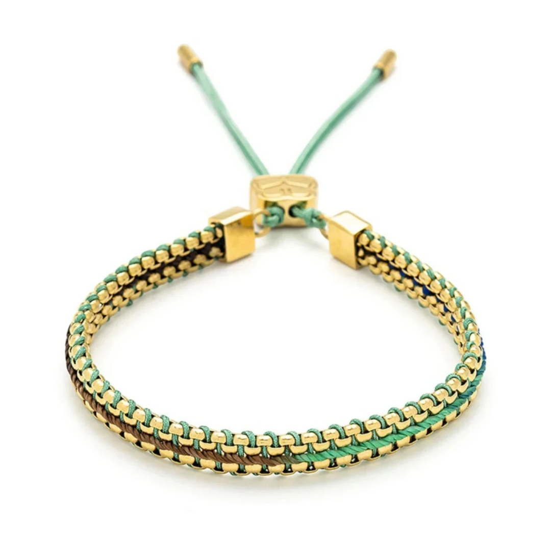Niche Jewellery Boho Betty Bloom gold slider bracelet with taupe and green ombre braided thread and gold snake chain.
