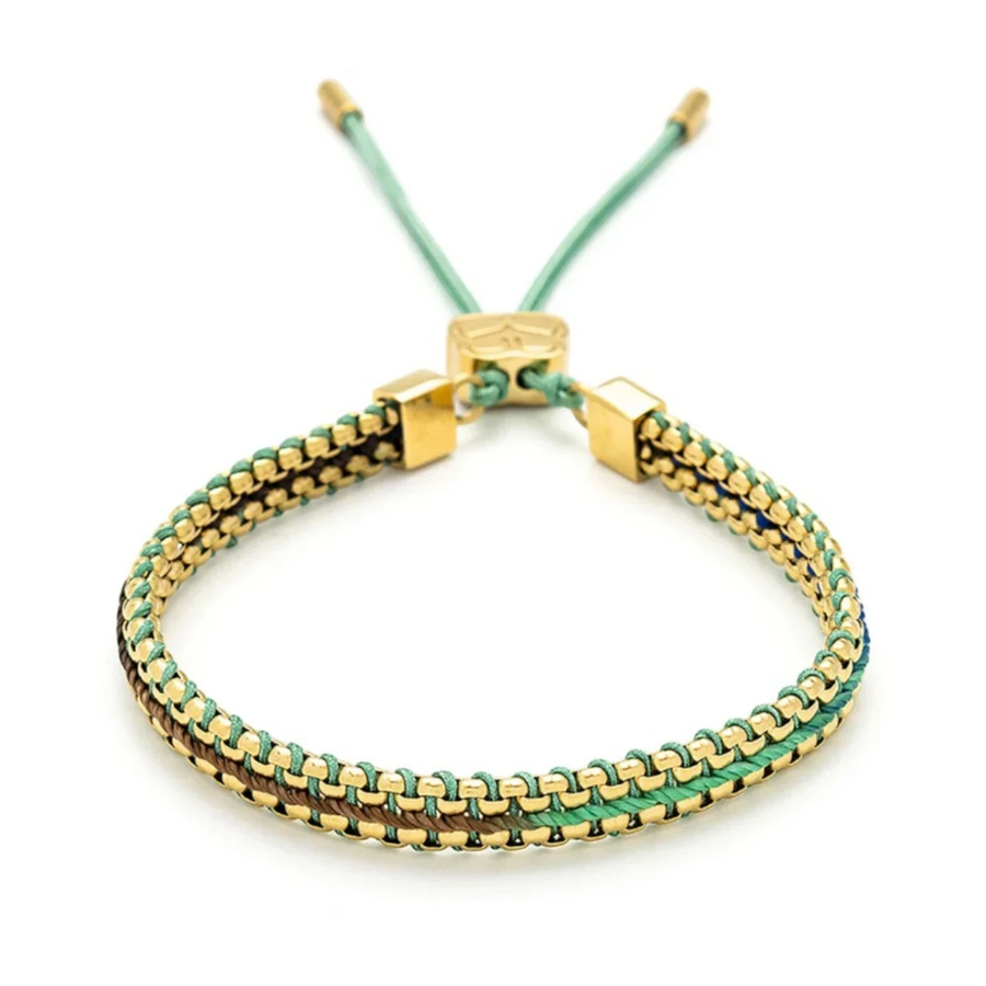 Niche Jewellery Boho Betty Bloom gold slider bracelet with taupe and green ombre braided thread and gold snake chain.