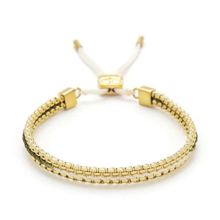Niche Jewellery Boho Betty Bloom gold and white braided bracelet with adjustable slider. 14k gold-plated snake chain.